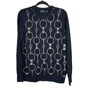 Lauren Ralph‎ Lauren Black Label Large Navy Blue Gold Chain Link Sweater